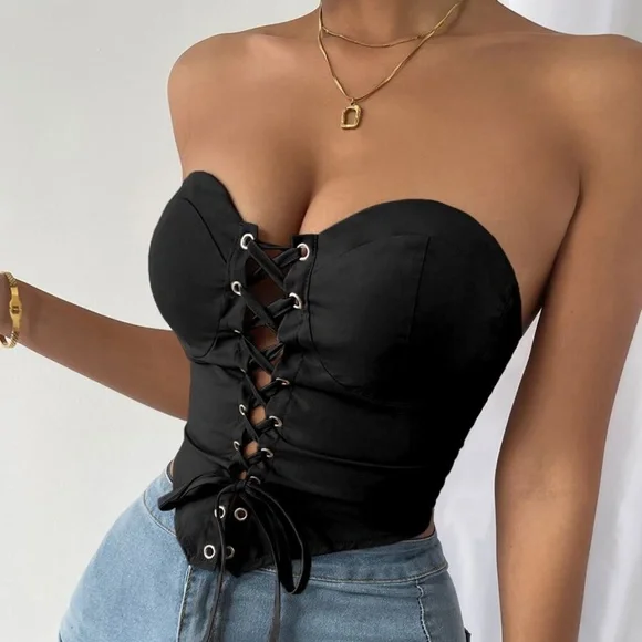 Boho Orange Lace up Bustier Corset Cropped Top - Picture 4 of 15